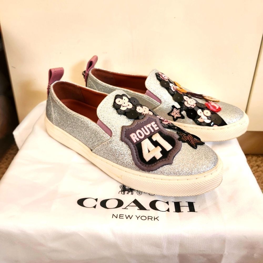 Coach "Route 41" Silver Glitter Cherry/Star Patches Sneakers Sz 7.5/38 $295 EUC